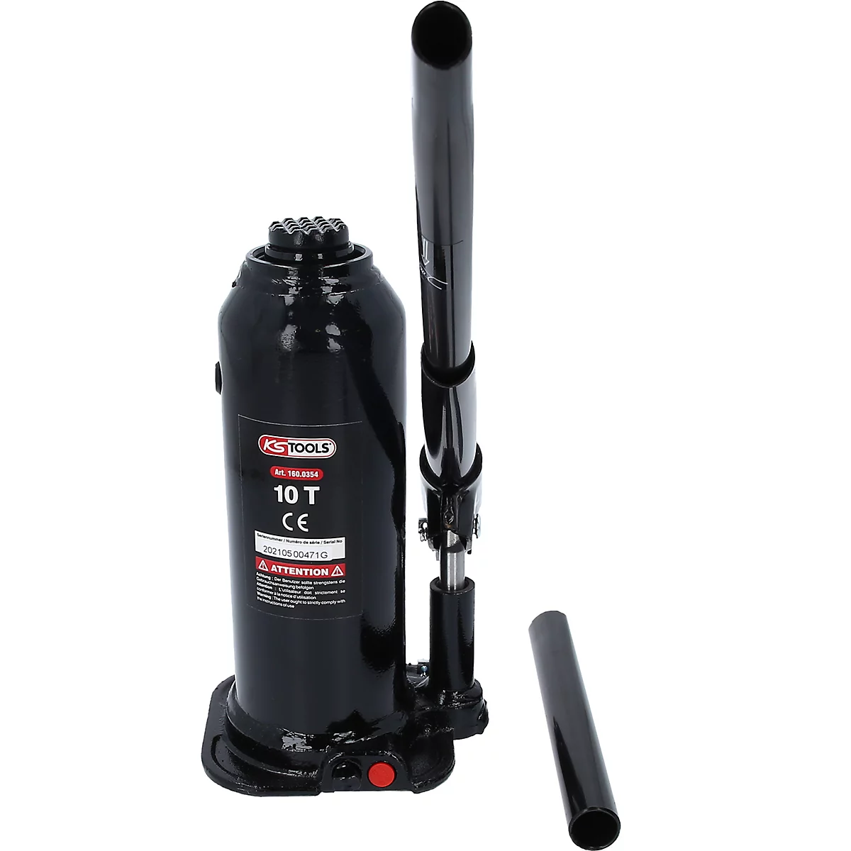 Schwarzer Hydraulikwagenheber, 10 T. Mit Hebel und abgenommenem Griff. Auf rotem Knopf.